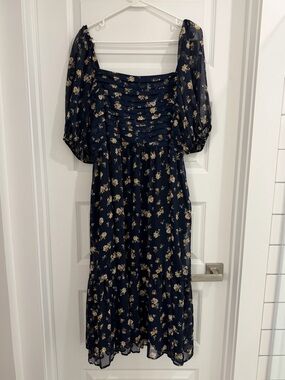 Lauren Conrad Women’s Navy Floral Midi Dress with Puff Sleeves